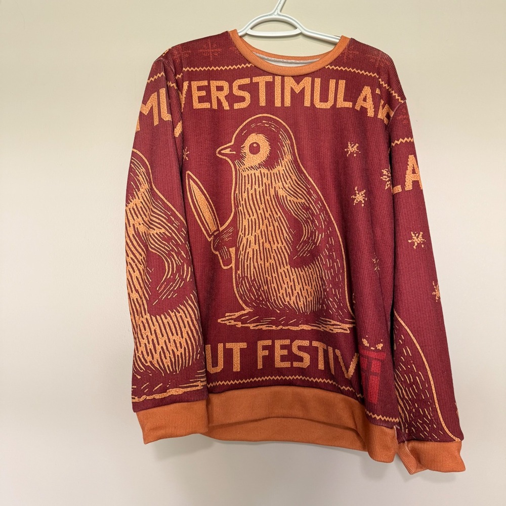 Overstimulated But Festive Penguin Knife Holiday Sweatshirt Burgundy Orange XL - Picture 4 of 5